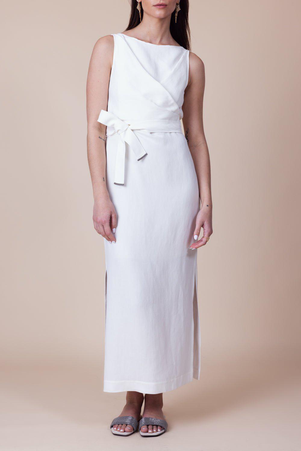 BRUNELLO CUCINELLI-Sleeveless Midi Wrap Dress-