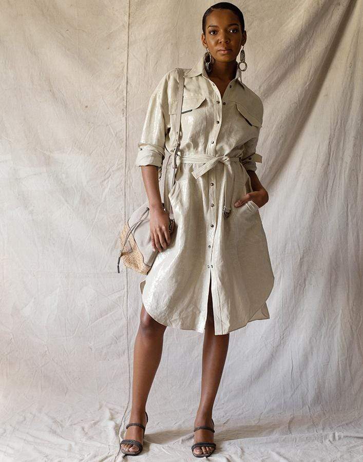 BRUNELLO CUCINELLI-Linen Belted Button Up Shirt Dress-