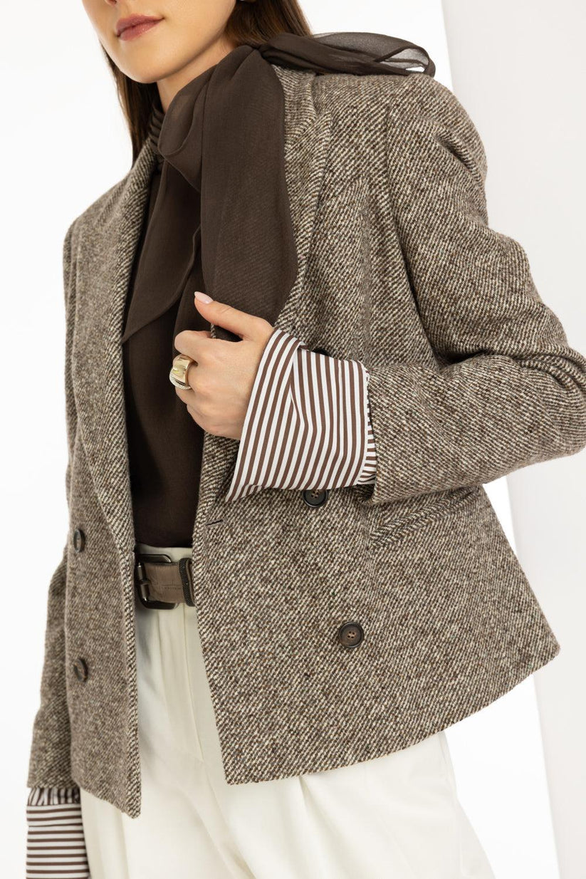 Diagonal Double Breasted Blazer-BROWN/GREY-38-CLOTHINGJACKETBLAZERS-BRUNELLO CUCINELLI