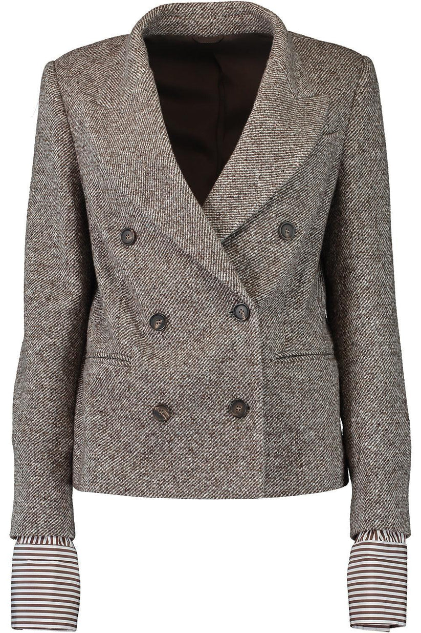 Diagonal Double Breasted Blazer-BROWN/GREY-38-CLOTHINGJACKETBLAZERS-BRUNELLO CUCINELLI