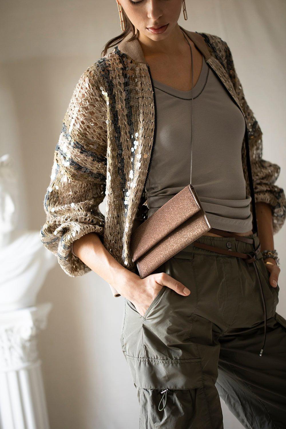 BRUNELLO CUCINELLI-Striped Sequin Zip Cardigan-