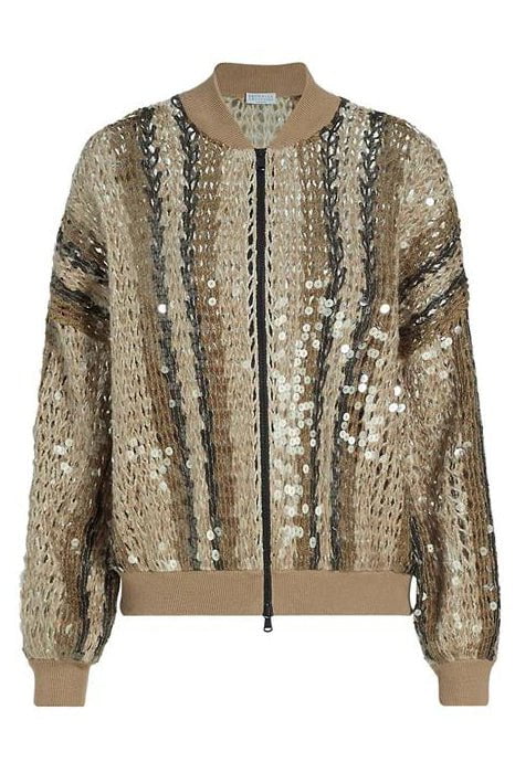 BRUNELLO CUCINELLI-Striped Sequin Zip Cardigan-