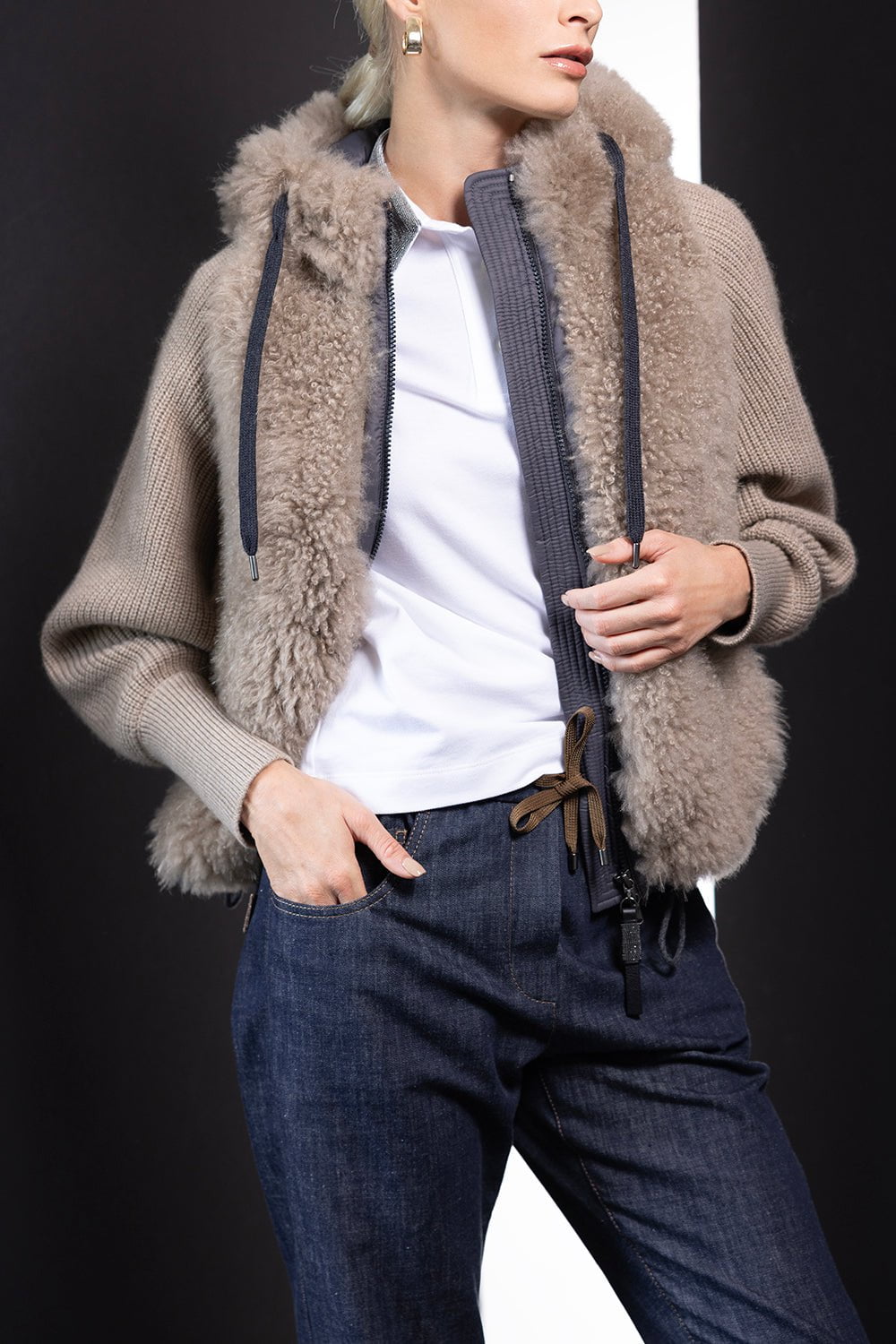BRUNELLO CUCINELLI-Two-Tone Hooded Fur Jacket-VISN/BLK