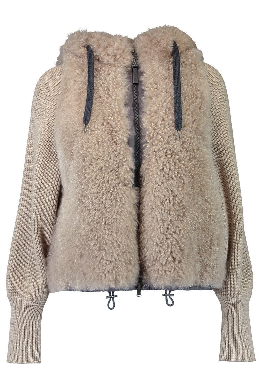 BRUNELLO CUCINELLI-Two-Tone Hooded Fur Jacket-VISN/BLK