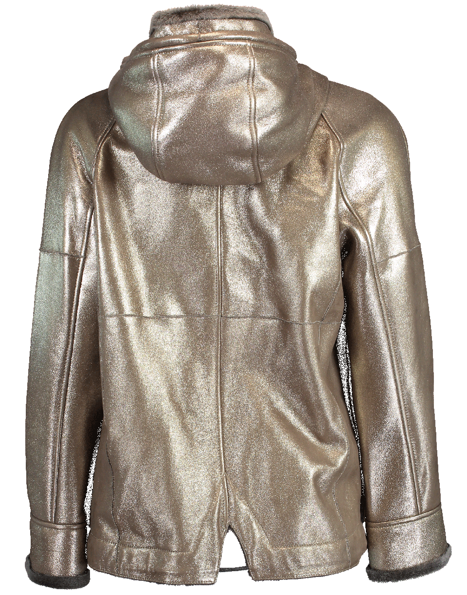 BRUNELLO CUCINELLI-Metallic Shearling Hooded Jacket-HEMATITE