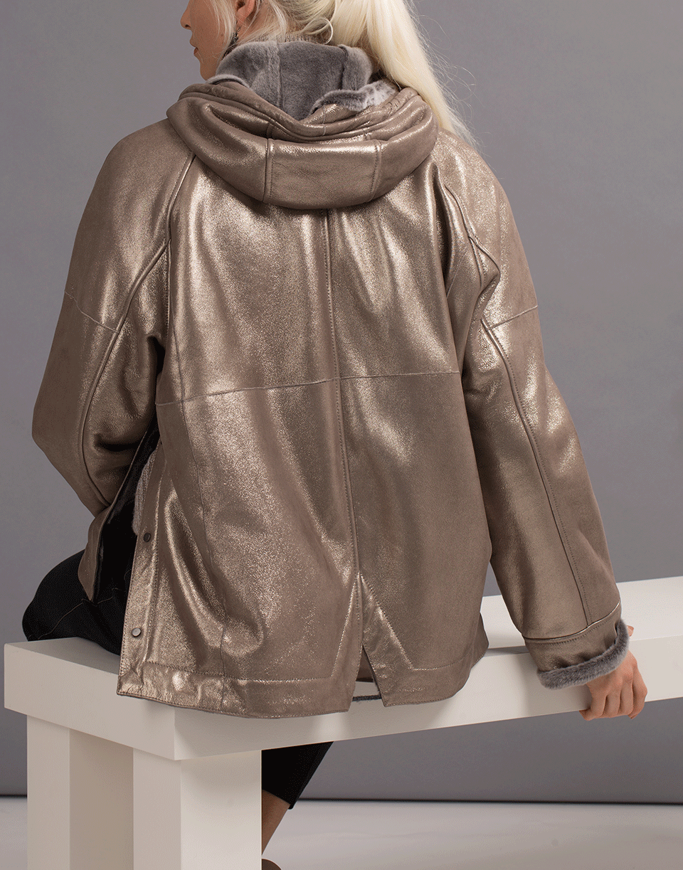 BRUNELLO CUCINELLI-Metallic Shearling Hooded Jacket-HEMATITE