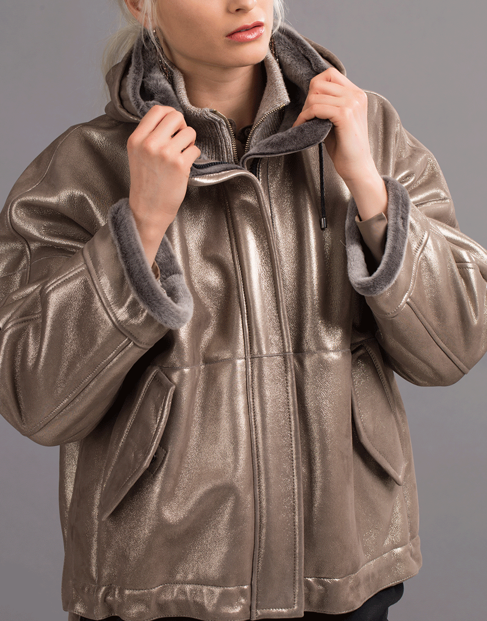 BRUNELLO CUCINELLI-Metallic Shearling Hooded Jacket-HEMATITE