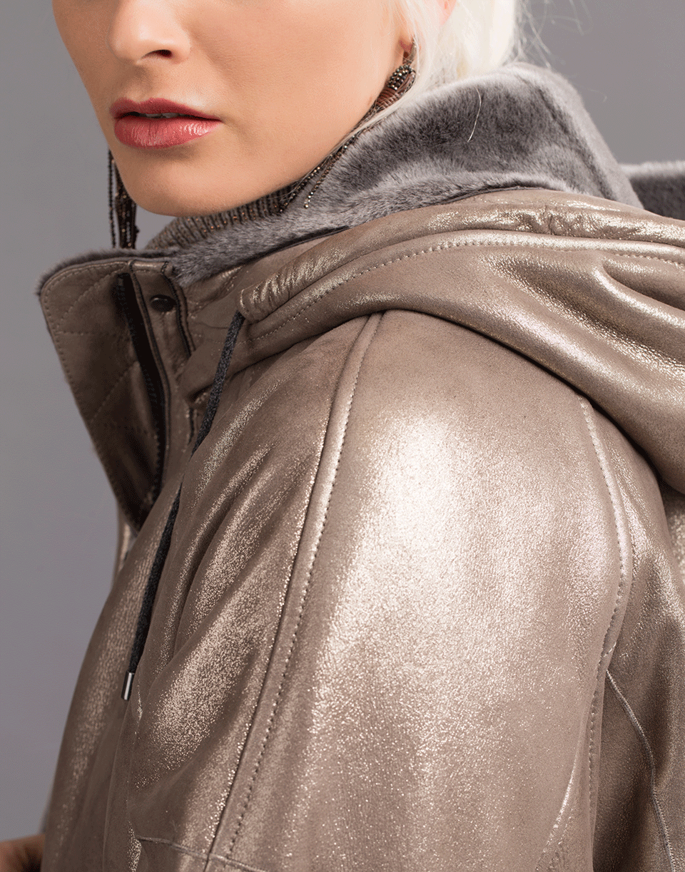 BRUNELLO CUCINELLI-Metallic Shearling Hooded Jacket-HEMATITE
