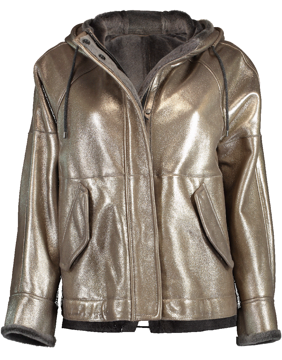 BRUNELLO CUCINELLI-Metallic Shearling Hooded Jacket-HEMATITE