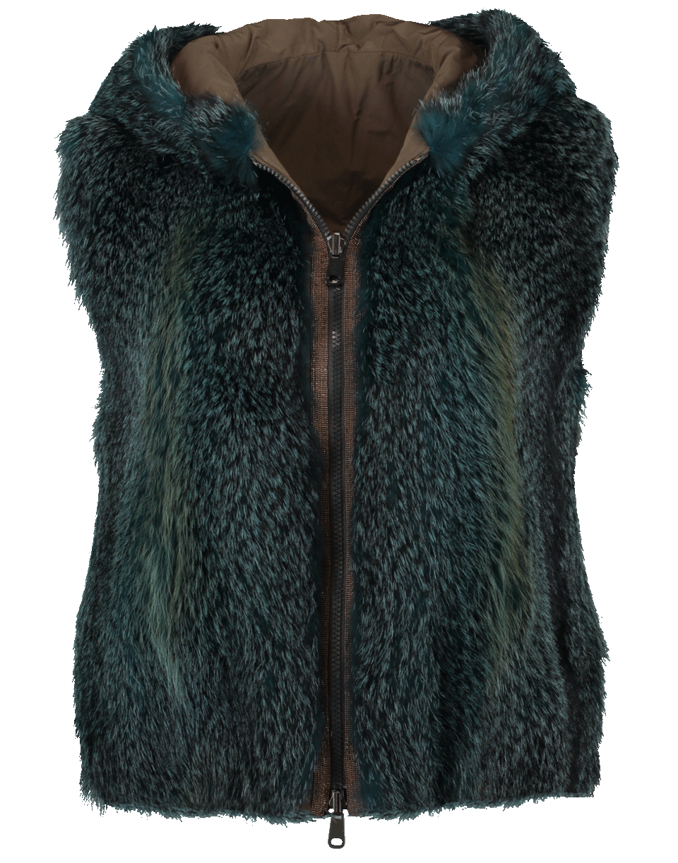 BRUNELLO CUCINELLI-Fox Fur Reversible Hooded Vest-PEACOCK