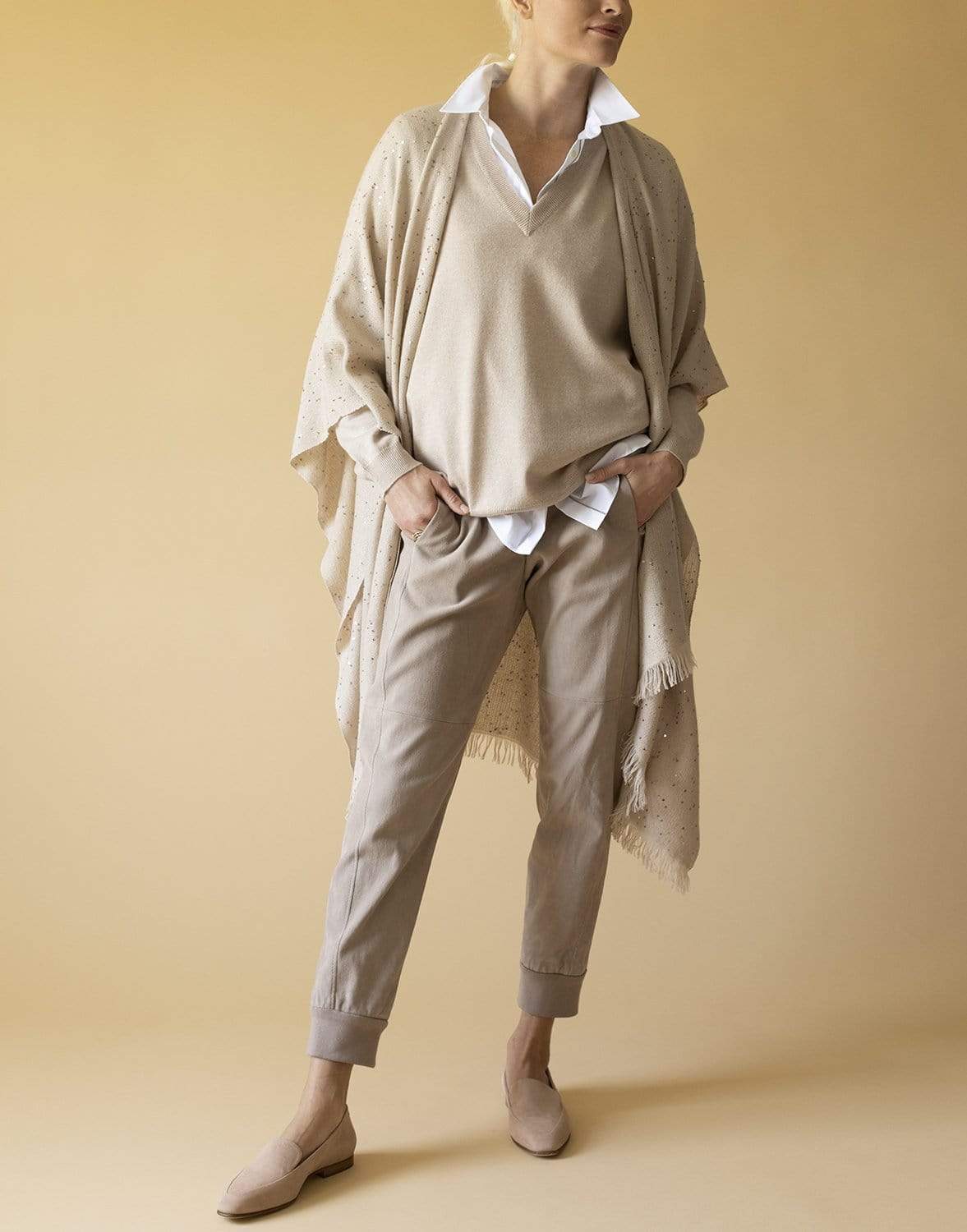 BRUNELLO CUCINELLI-Cashmere and Silk Poncho - Almond-ALMOND
