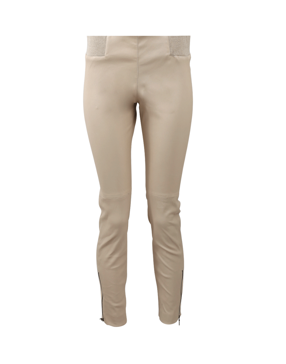 BRUNELLO CUCINELLI-Rib Waistband Leather Pants-BUTTER