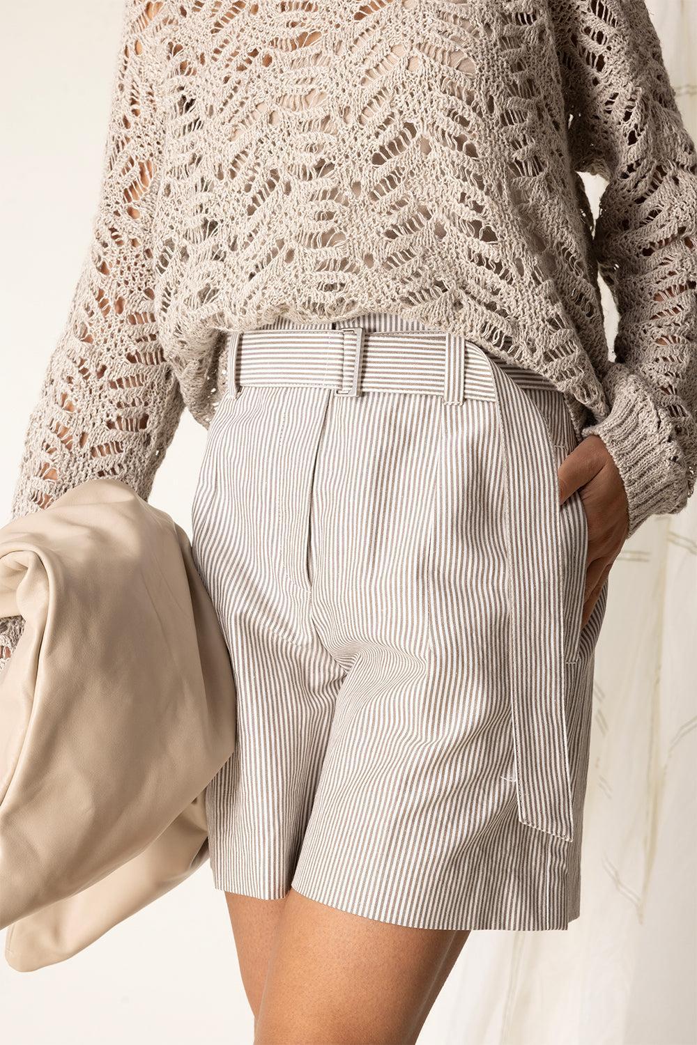 Pinstripe Self Belt Short-WHT/BRWN-36-CLOTHINGPANTSHORT-BRUNELLO CUCINELLI