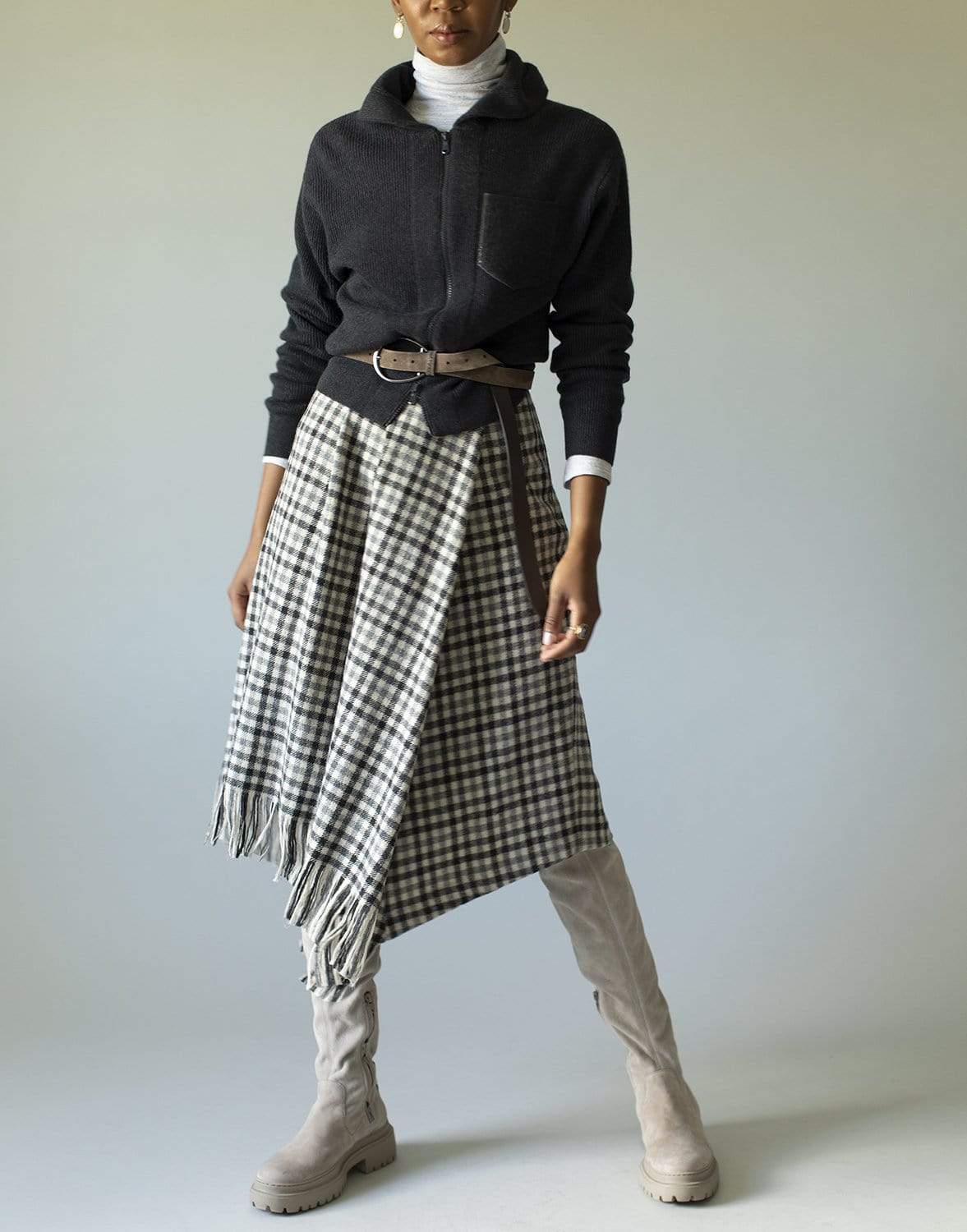BRUNELLO CUCINELLI-Plaid Fringe Skirt-