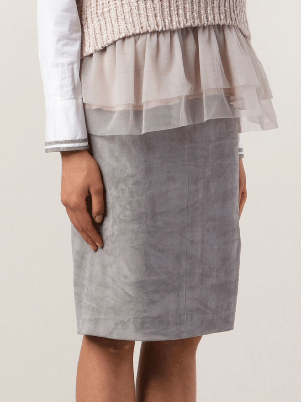 BRUNELLO CUCINELLI-Suede Side Zip Pencil Skirt-