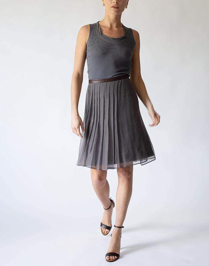 BRUNELLO CUCINELLI-Leather Waist Pleated Skirt-BROWN