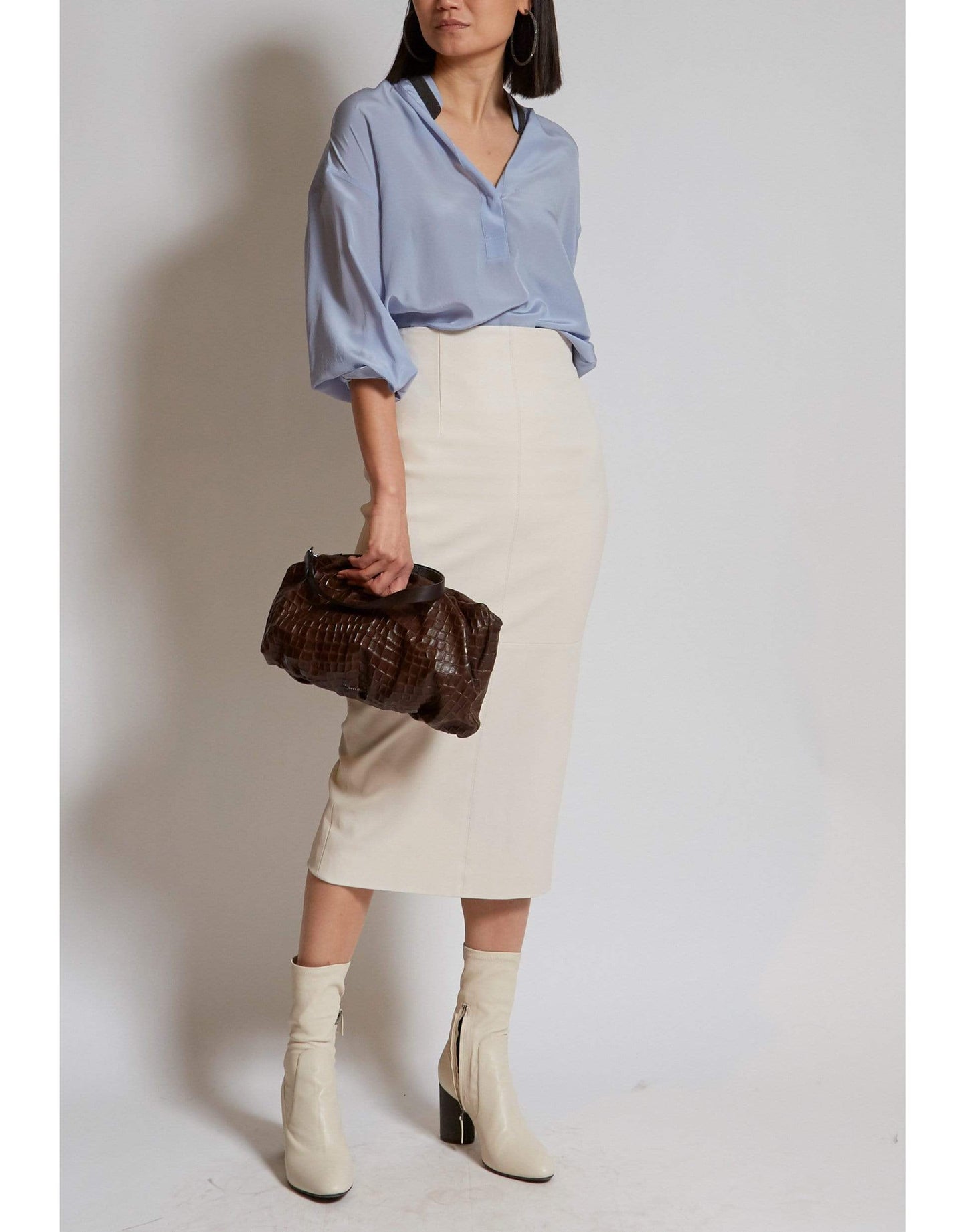 BRUNELLO CUCINELLI-Warm White Leather Pencil Skirt-