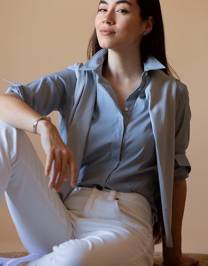 BRUNELLO CUCINELLI-Blue Cotton Stretch Shirt-