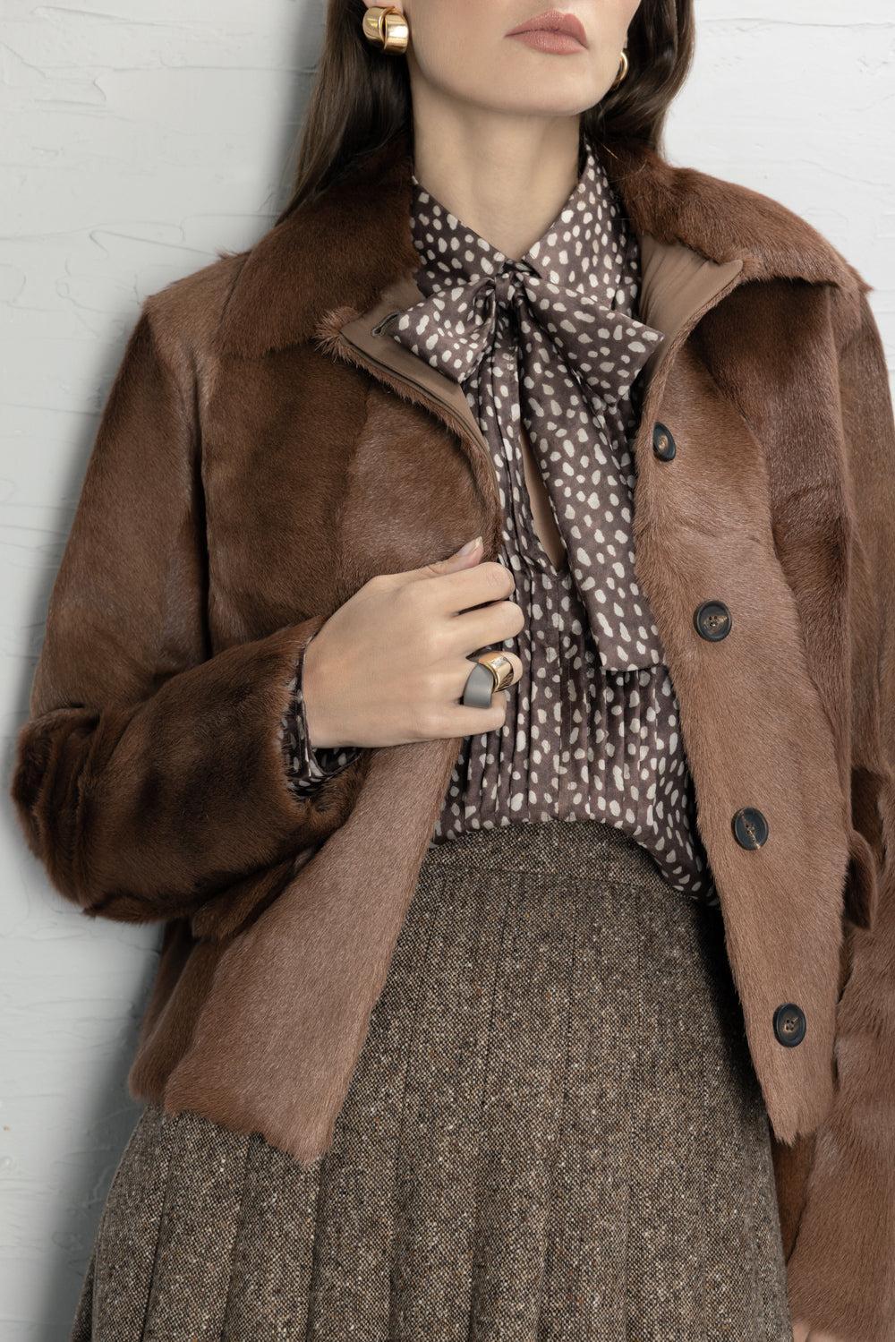 Pois Lier Print Tie Shrit-BROWN-XS-CLOTHINGTOPBLOUSE-BRUNELLO CUCINELLI