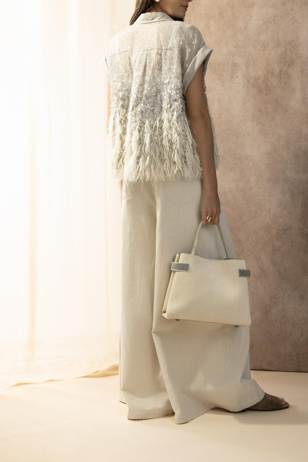 Short Sleeve Degrade Embellished Shirt-BROWN-XS-CLOTHINGTOPBLOUSE-BRUNELLO CUCINELLI