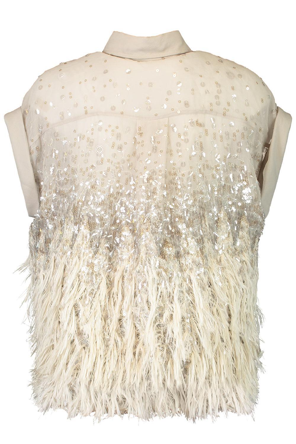 Short Sleeve Degrade Embellished Shirt-BROWN-XS-CLOTHINGTOPBLOUSE-BRUNELLO CUCINELLI