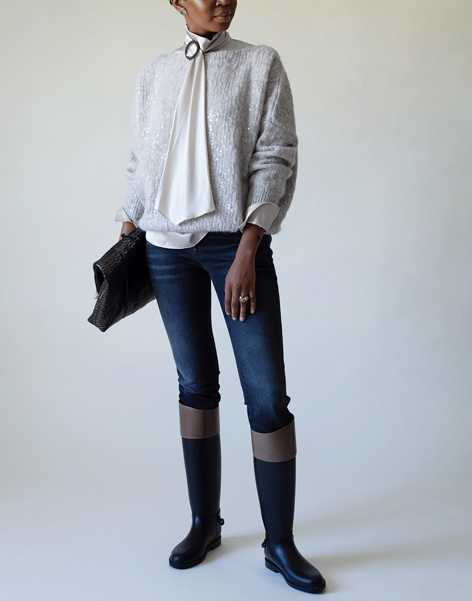 BRUNELLO CUCINELLI-Cream Satin Long Sleeve Wrap Neck Top-