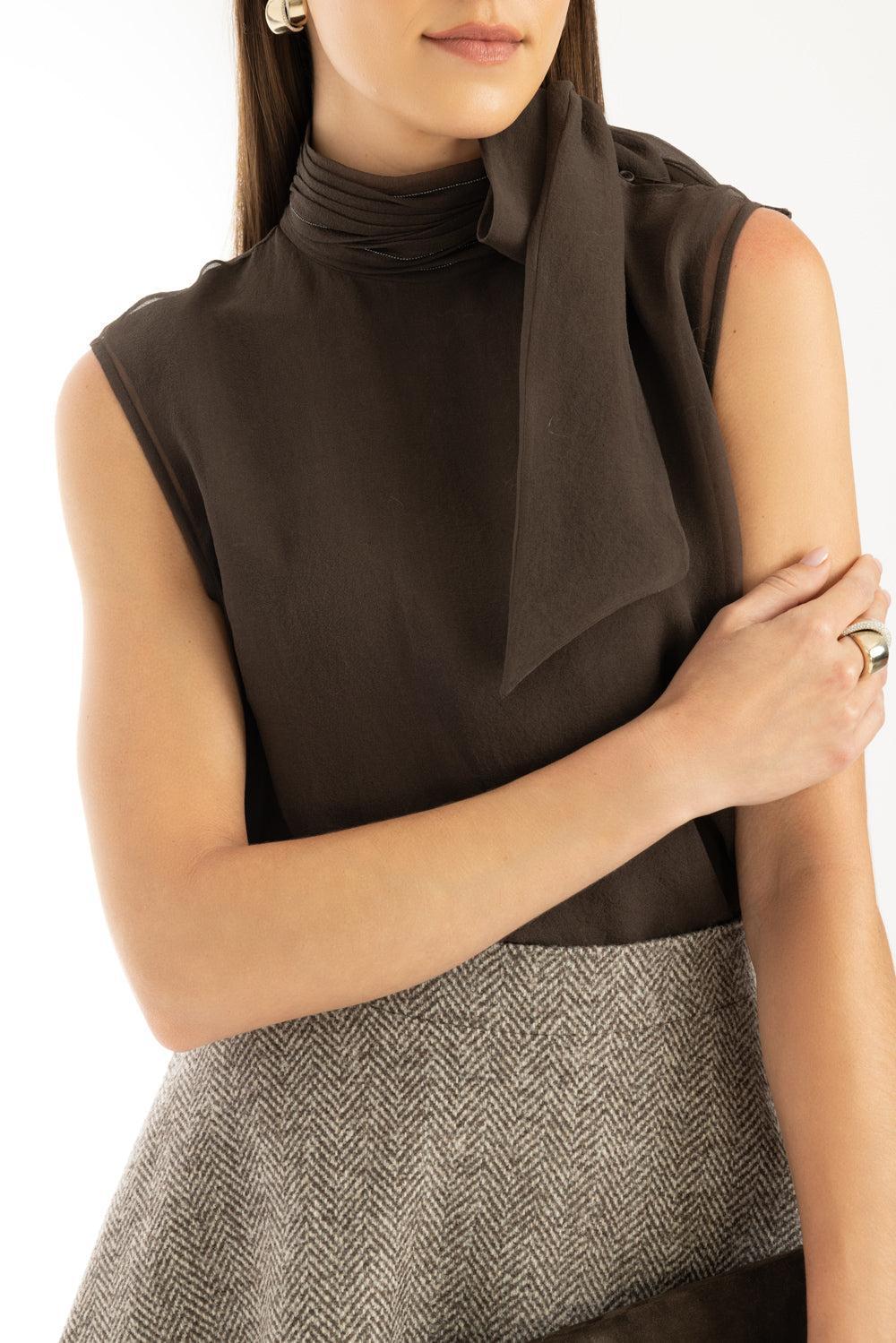 Sleeveless Tie Neck Blouse-DARK CHOCOLATE-XS-CLOTHINGTOPBLOUSE-BRUNELLO CUCINELLI