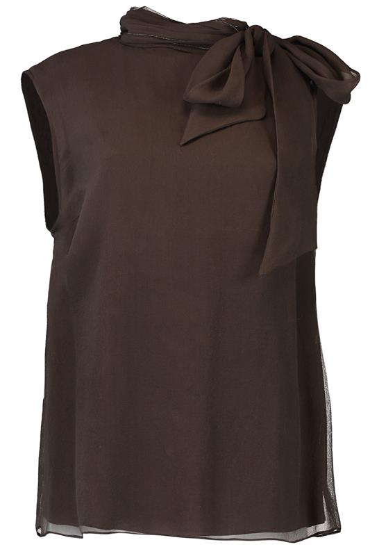 Sleeveless Tie Neck Blouse-DARK CHOCOLATE-XS-CLOTHINGTOPBLOUSE-BRUNELLO CUCINELLI