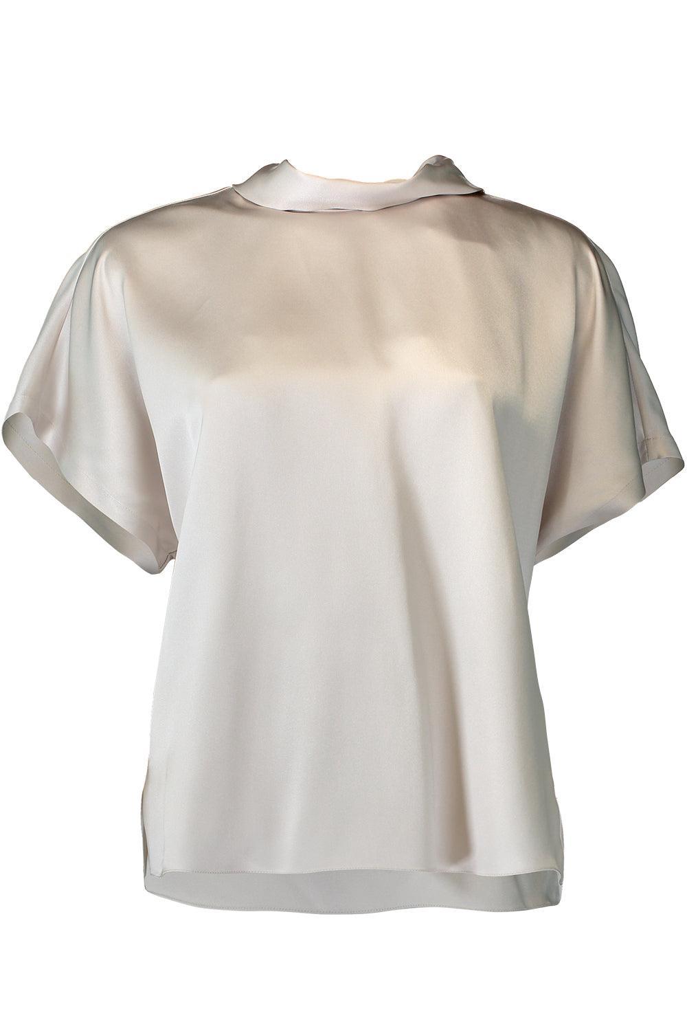 Tie Neck Short Sleeve Blouse-GREY-XS-CLOTHINGTOPBLOUSE-BRUNELLO CUCINELLI