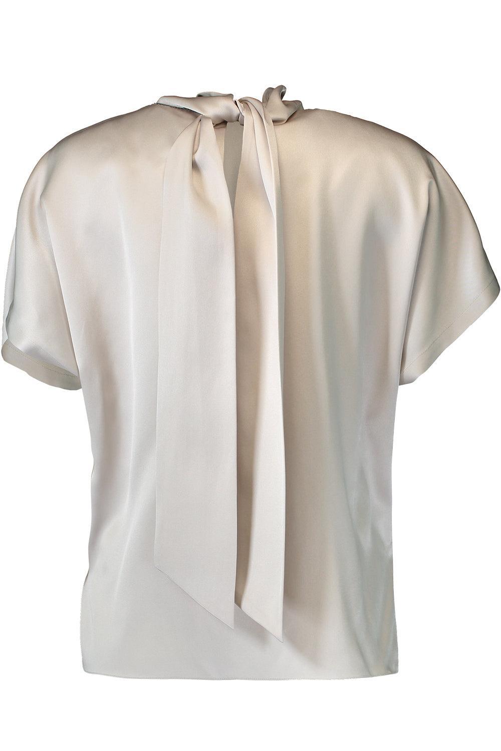 Tie Neck Short Sleeve Blouse-GREY-XS-CLOTHINGTOPBLOUSE-BRUNELLO CUCINELLI