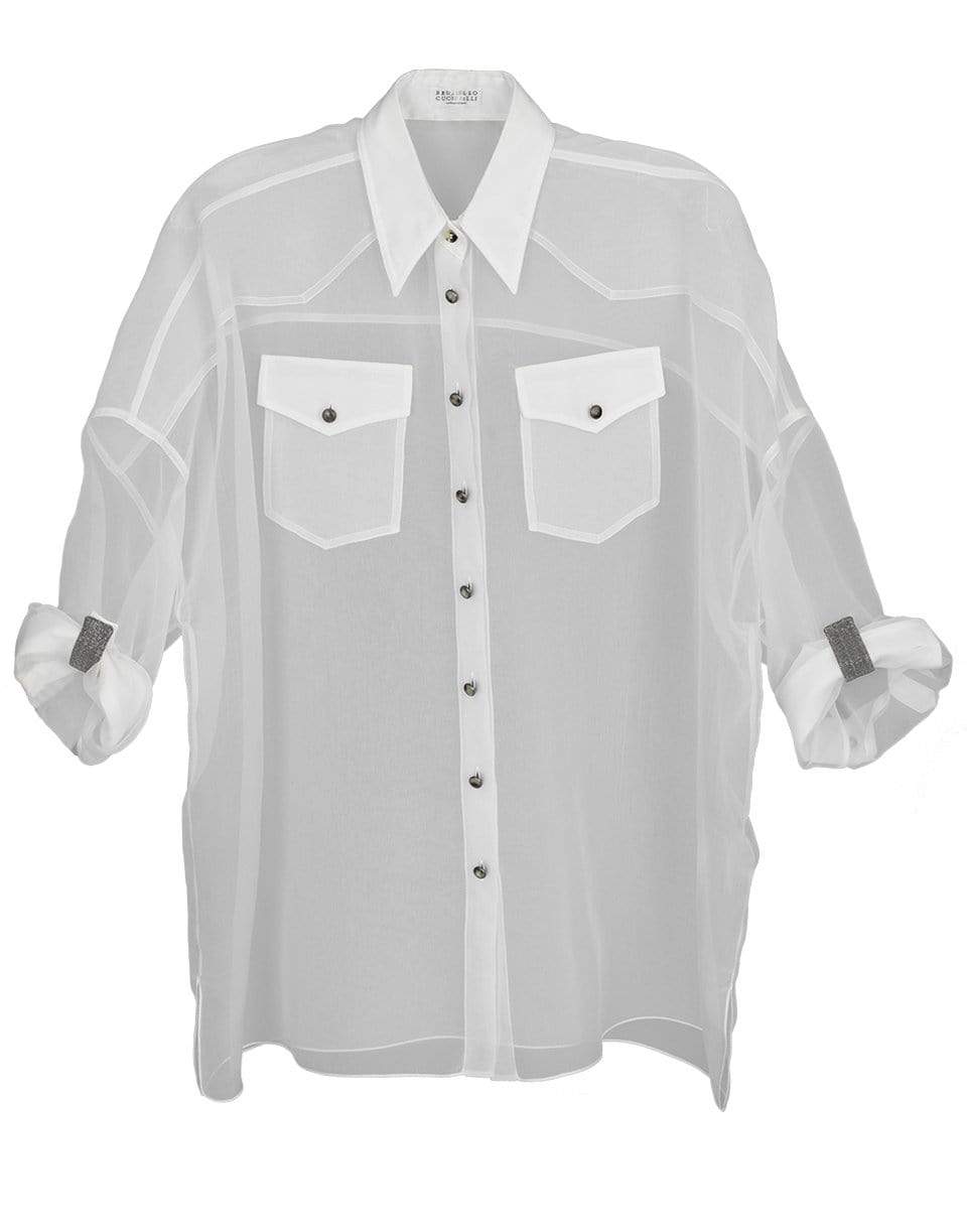 BRUNELLO CUCINELLI-Monili Tab Cuff Detail Silk Organza Blouse-