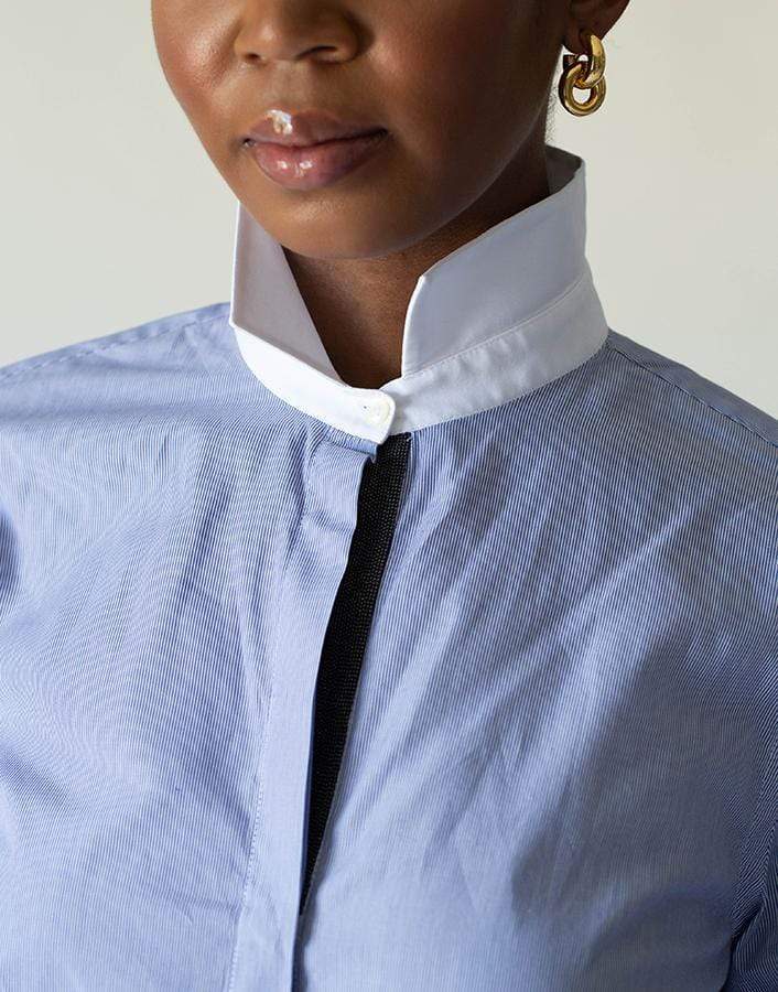 BRUNELLO CUCINELLI-Contrasting Collar Stripe Shirt-STRIPE