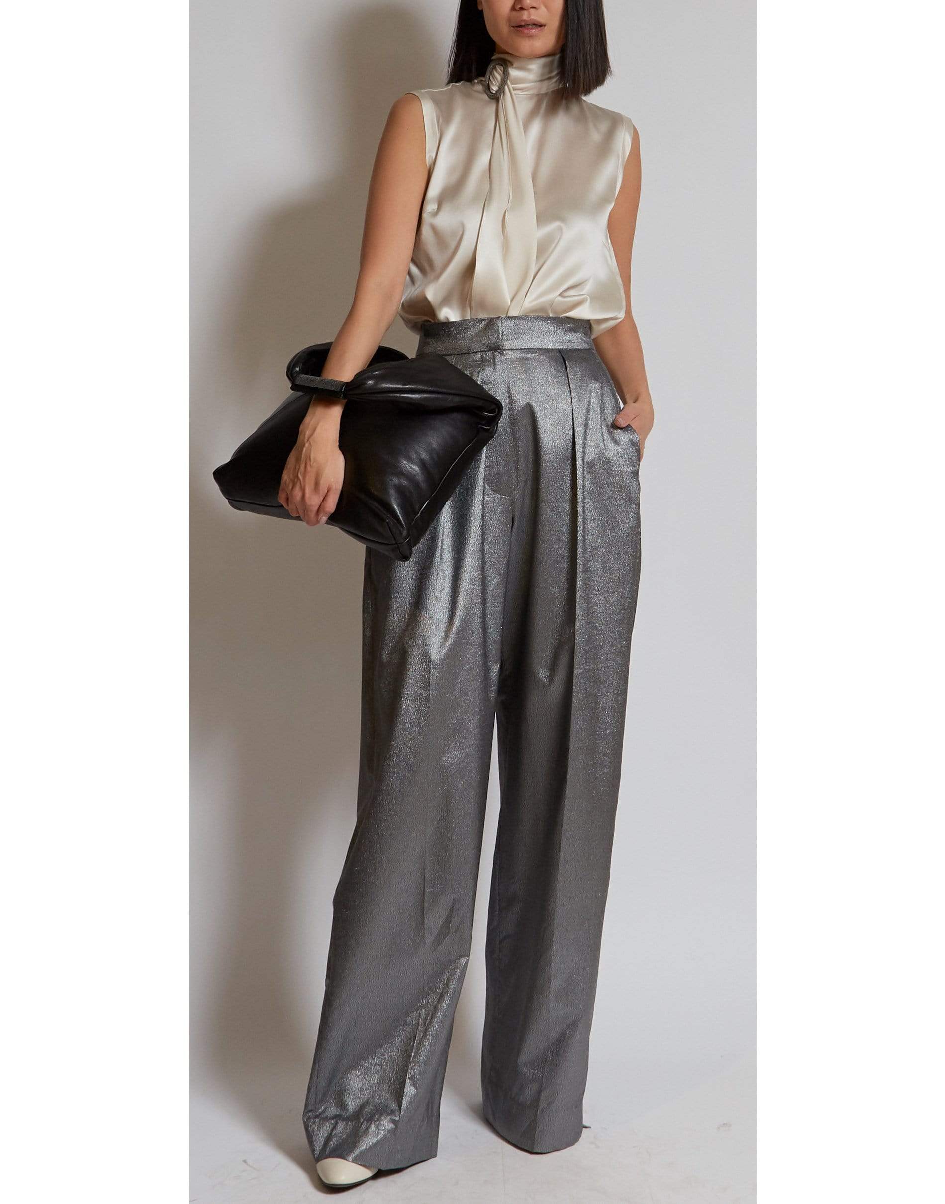 BRUNELLO CUCINELLI-Vanilla Satin Sleeveless Wrap Neck Top-