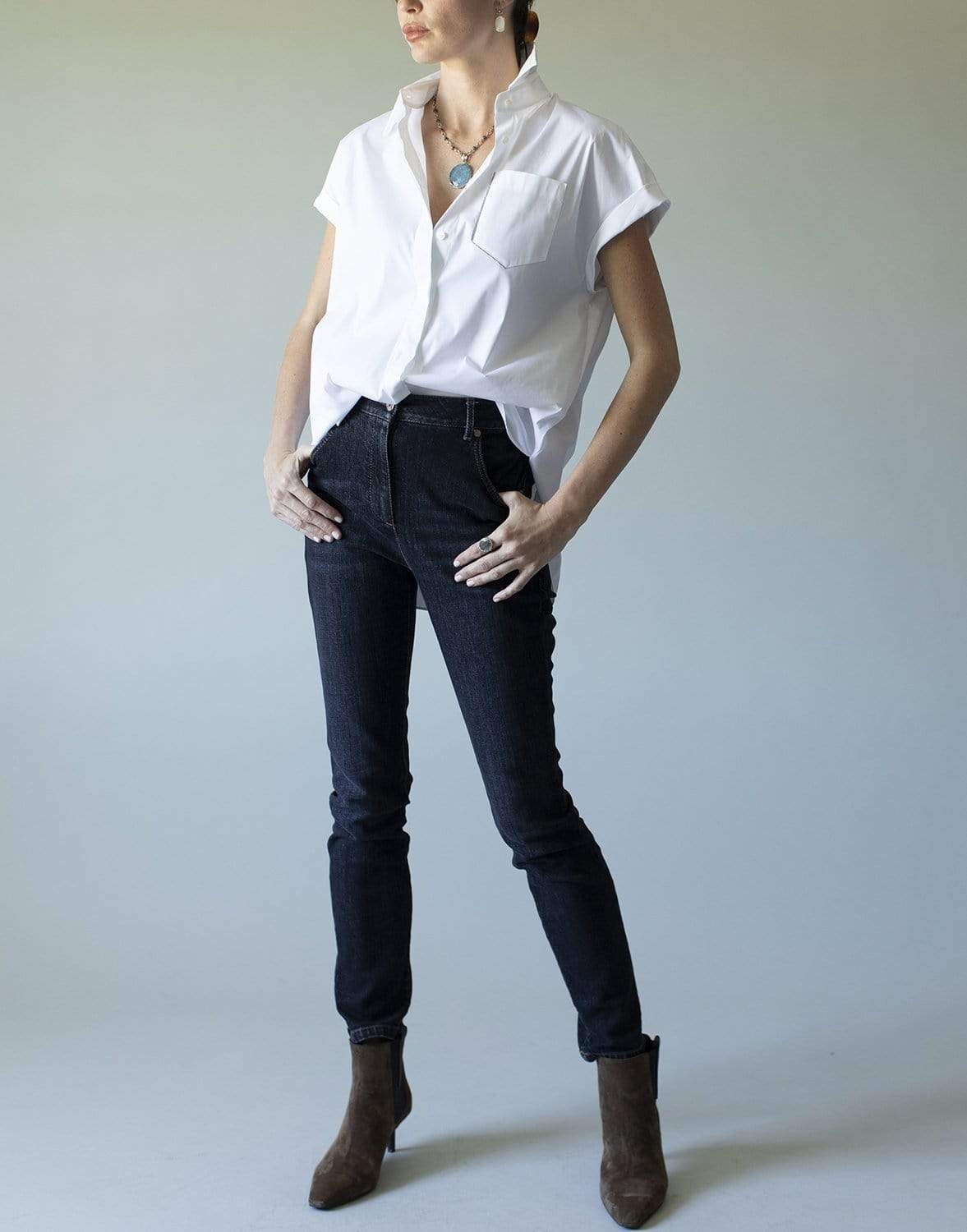 BRUNELLO CUCINELLI-Short Sleeve Monili Pocket Poplin Top-