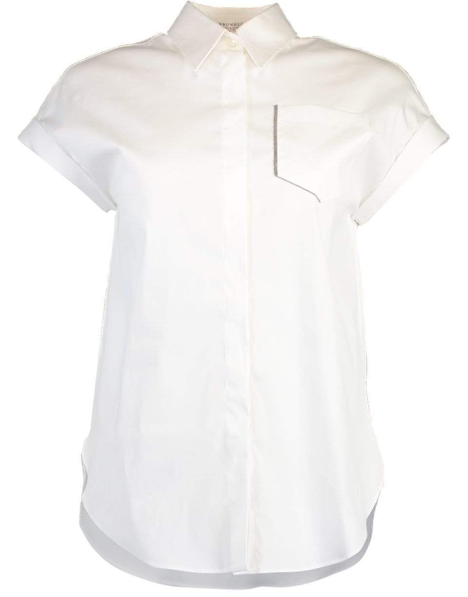 BRUNELLO CUCINELLI-Short Sleeve Monili Pocket Poplin Top-