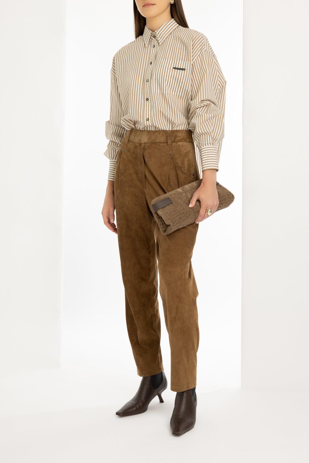 Techno Stripe Flap Detail Blouse-WHT/BGE-XS-CLOTHINGTOPBLOUSE-BRUNELLO CUCINELLI