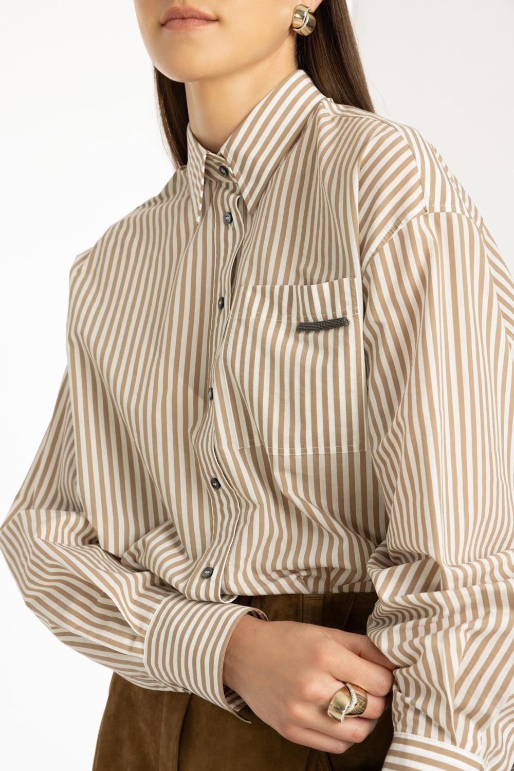 Techno Stripe Flap Detail Blouse-WHT/BGE-XS-CLOTHINGTOPBLOUSE-BRUNELLO CUCINELLI