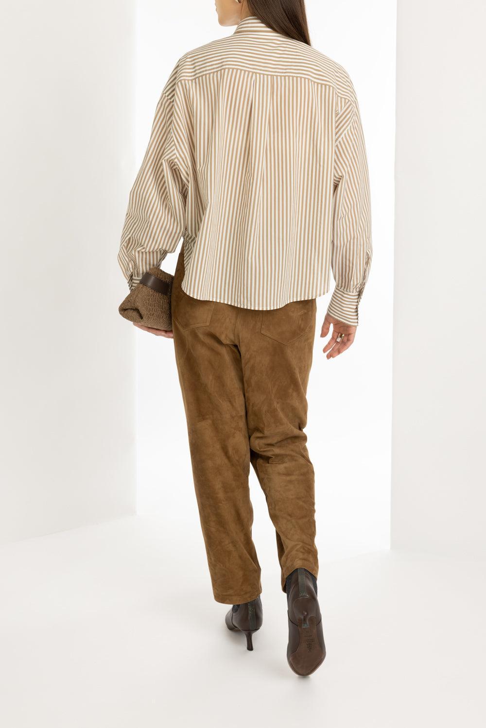 Techno Stripe Flap Detail Blouse-WHT/BGE-XS-CLOTHINGTOPBLOUSE-BRUNELLO CUCINELLI