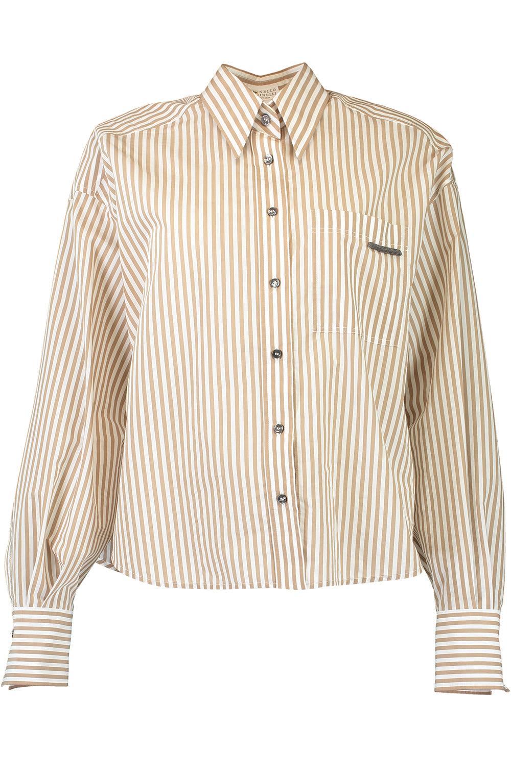 Techno Stripe Flap Detail Blouse-WHT/BGE-XS-CLOTHINGTOPBLOUSE-BRUNELLO CUCINELLI