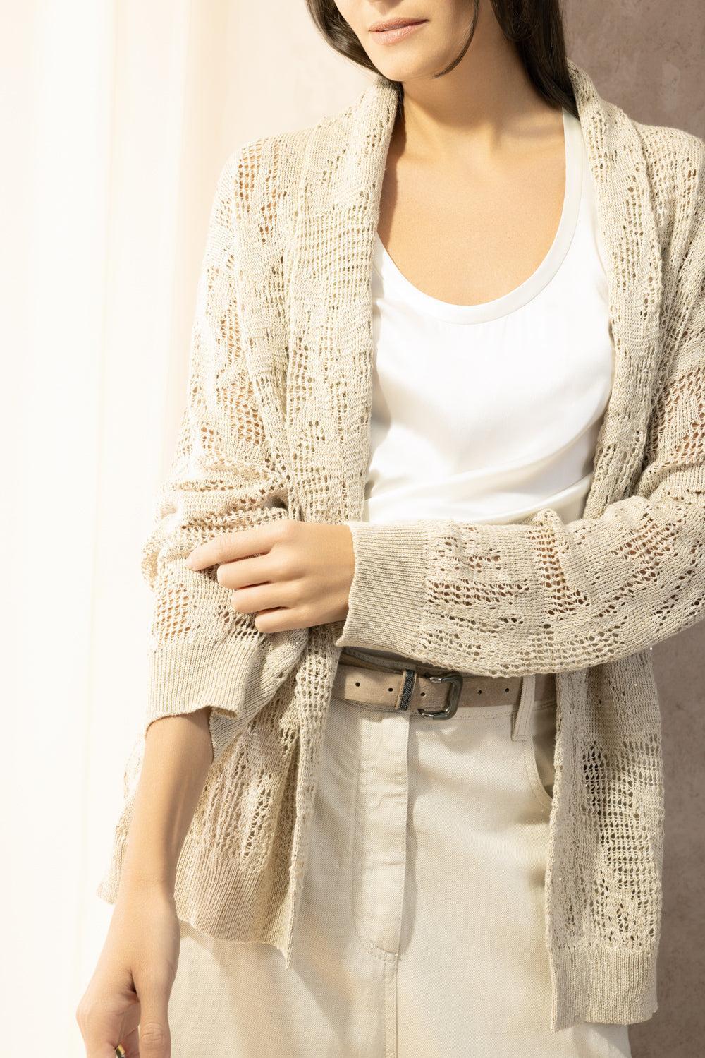 Water Leaves Embroidered Cardigan-BROWN-XS-CLOTHINGTOPCARDIGAN-BRUNELLO CUCINELLI