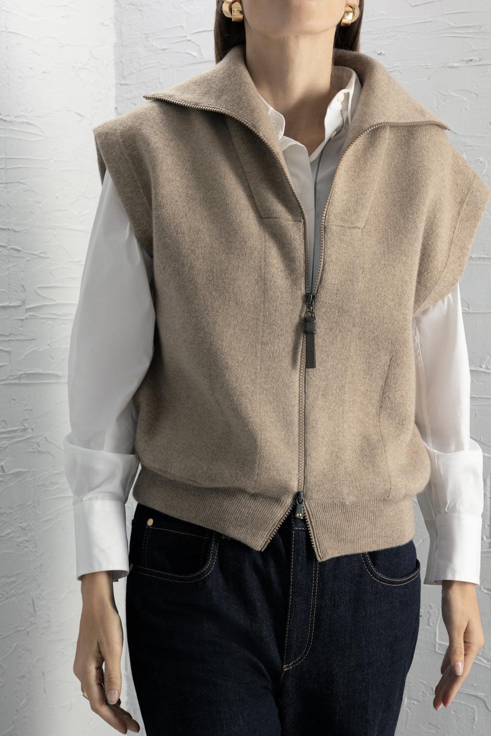 Zip Front Cardigan Vest-BROWN-XS-CLOTHINGTOPCARDIGAN-BRUNELLO CUCINELLI