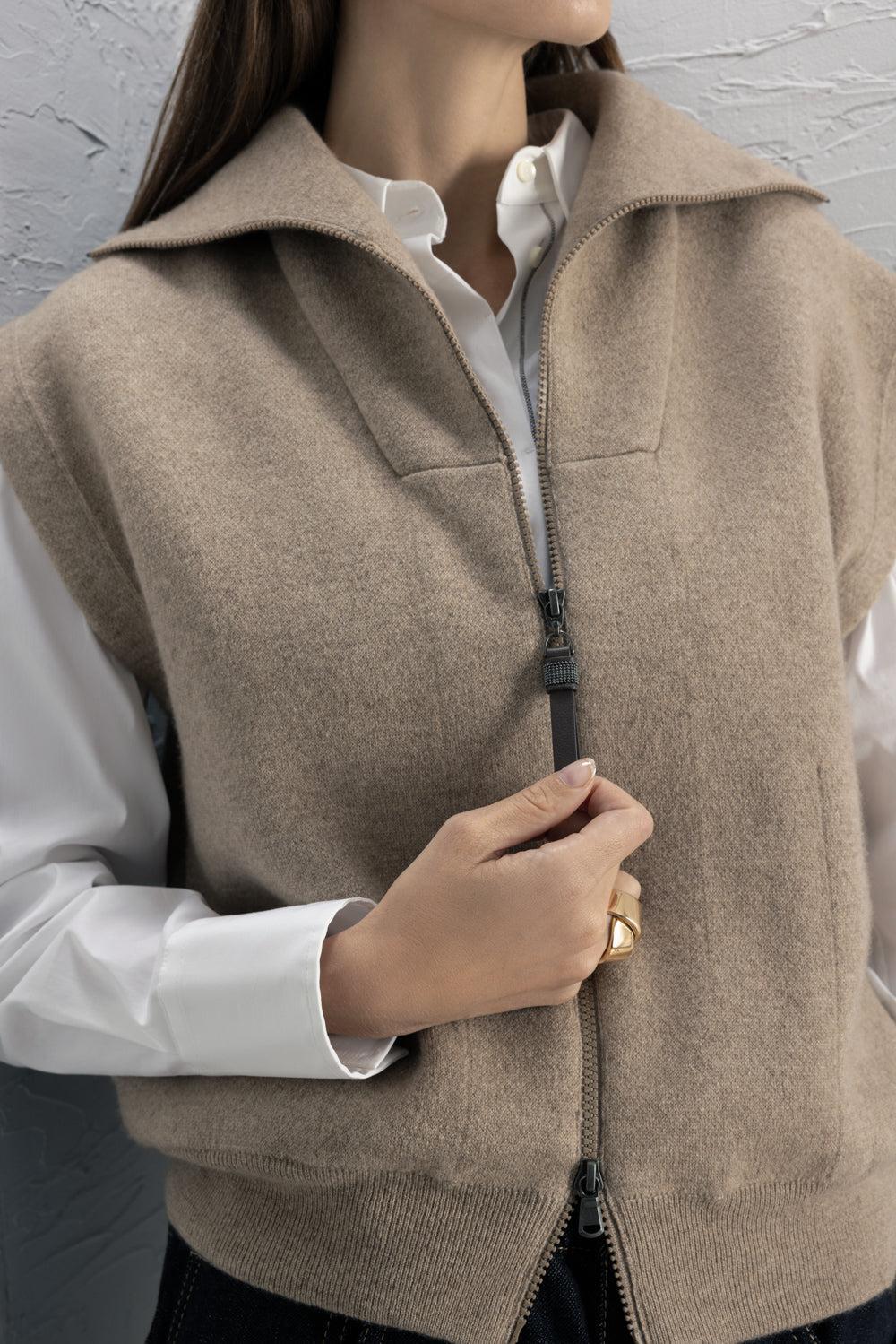 Zip Front Cardigan Vest-BROWN-XS-CLOTHINGTOPCARDIGAN-BRUNELLO CUCINELLI