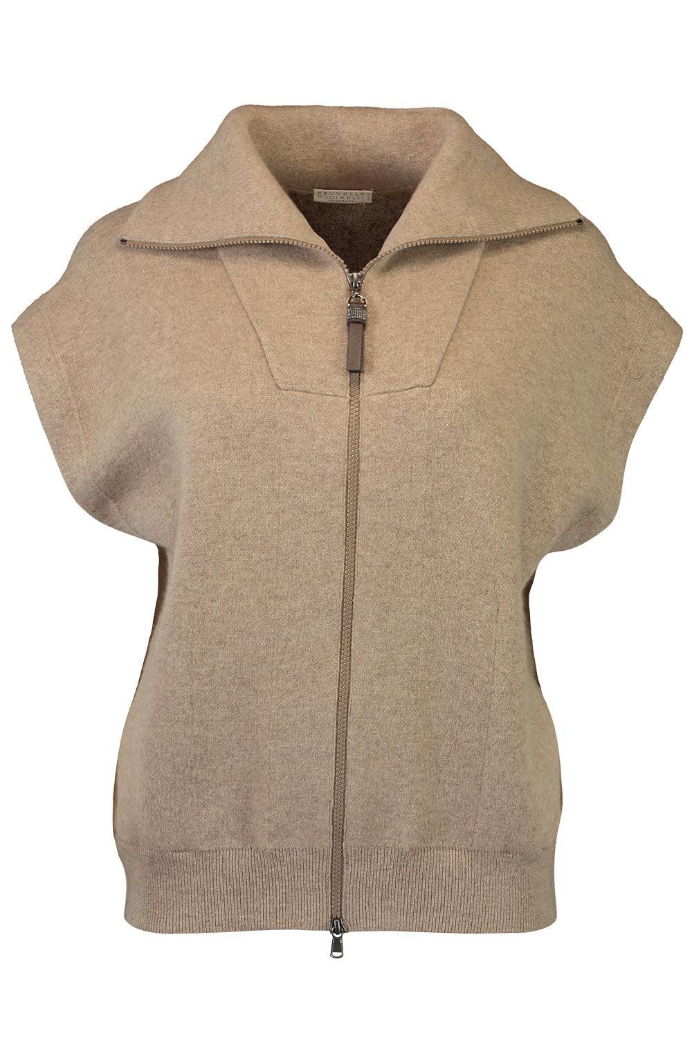 Zip Front Cardigan Vest-BROWN-XS-CLOTHINGTOPCARDIGAN-BRUNELLO CUCINELLI