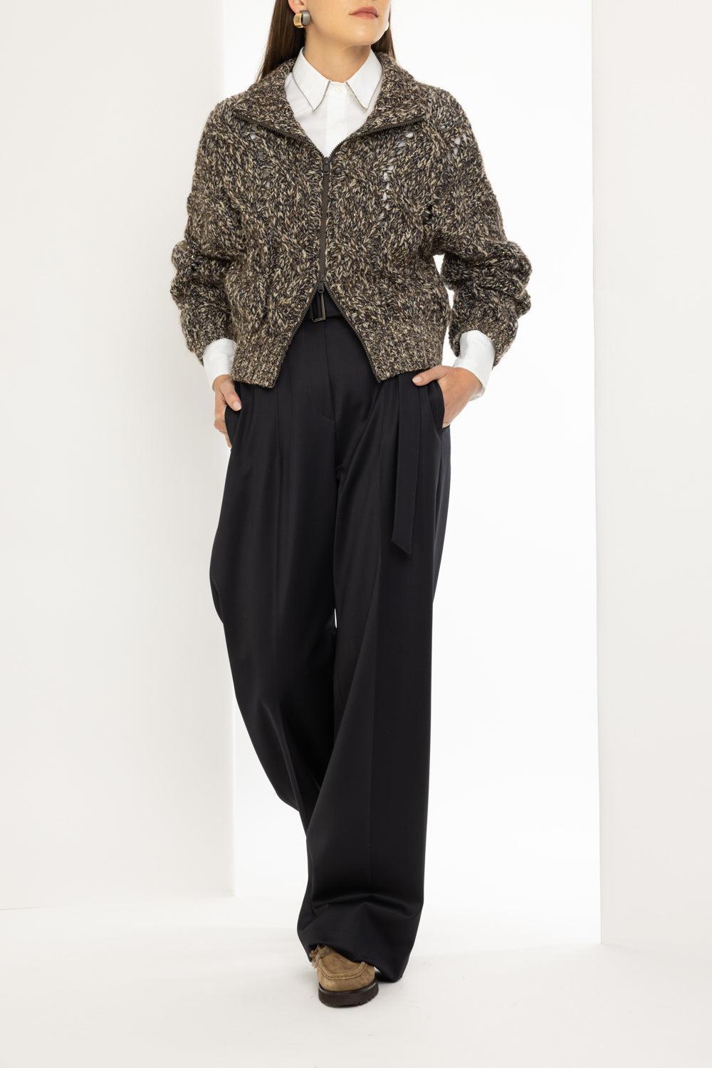 Dazzling Cable Knit Zip Cardigan-BROWN/NAVY-XS-CLOTHINGTOPCARDIGAN-BRUNELLO CUCINELLI