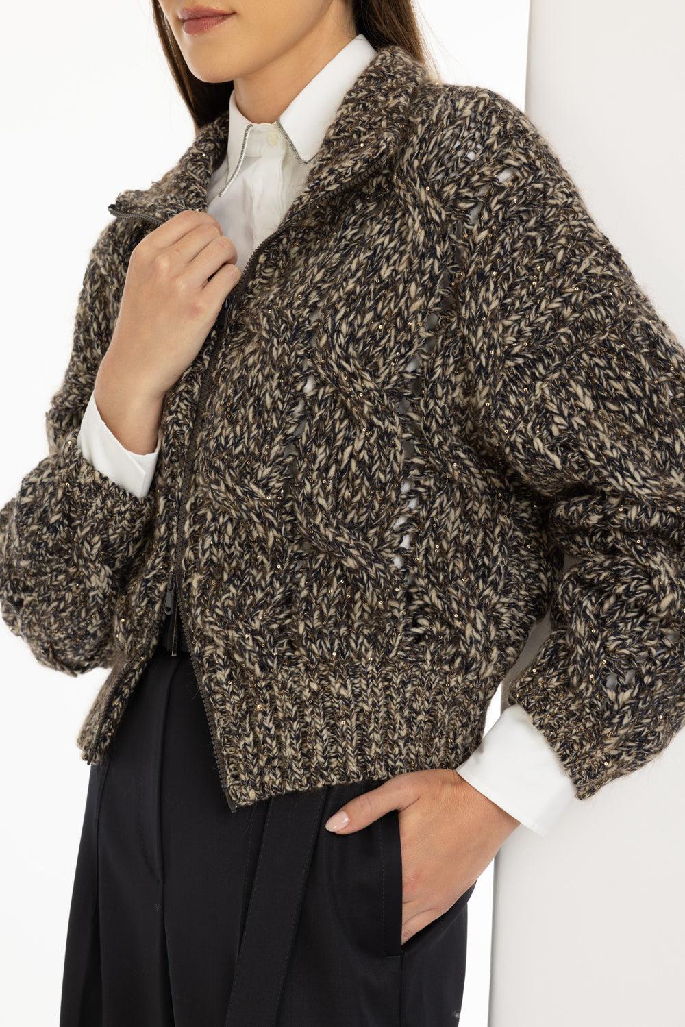 Dazzling Cable Knit Zip Cardigan-BROWN/NAVY-XS-CLOTHINGTOPCARDIGAN-BRUNELLO CUCINELLI