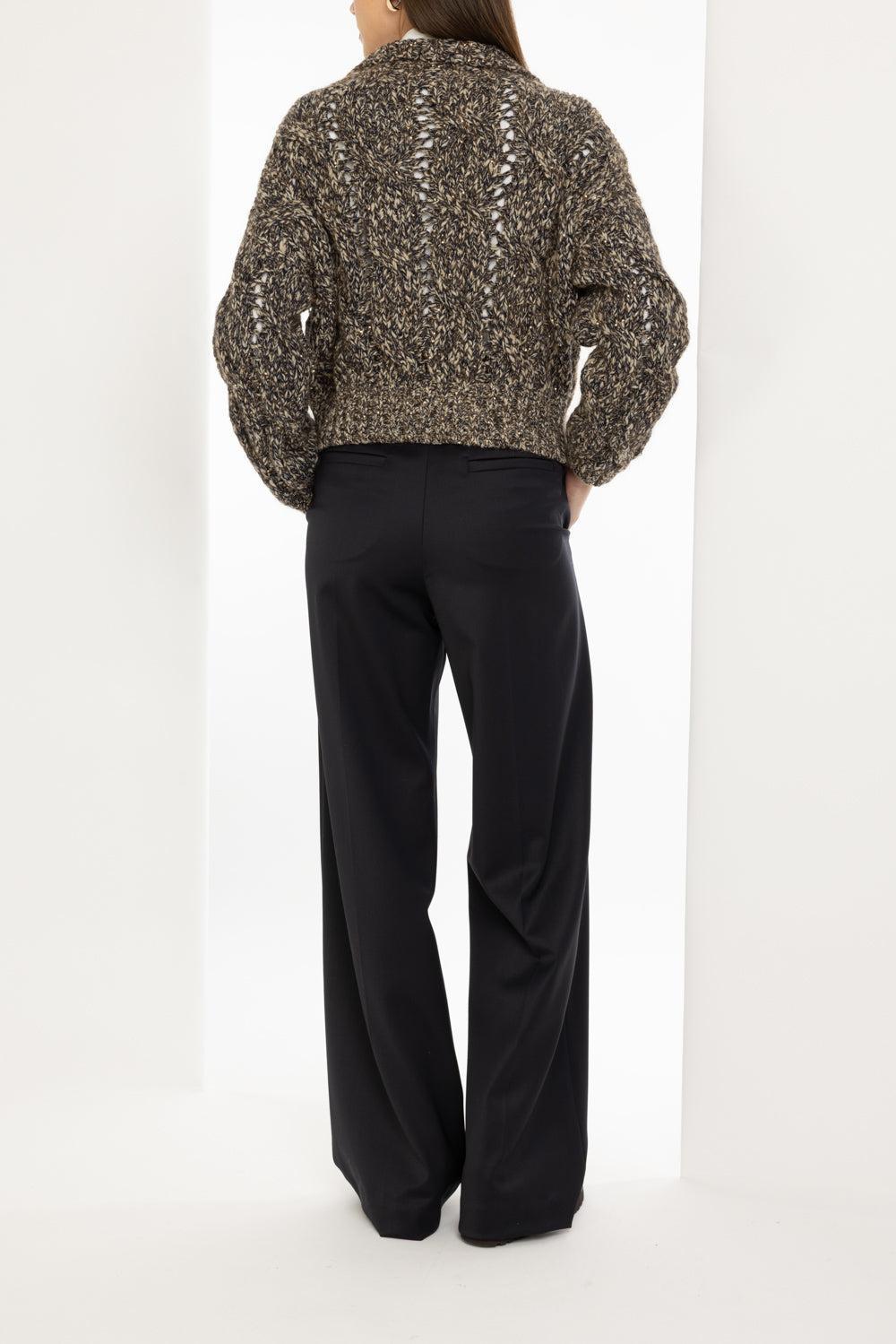 Dazzling Cable Knit Zip Cardigan-BROWN/NAVY-XS-CLOTHINGTOPCARDIGAN-BRUNELLO CUCINELLI