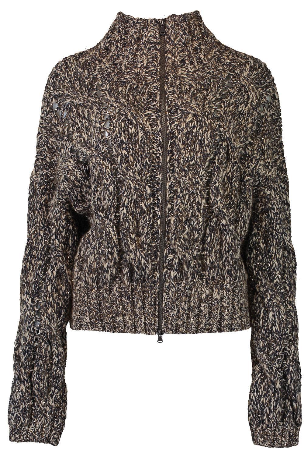 Dazzling Cable Knit Zip Cardigan-BROWN/NAVY-XS-CLOTHINGTOPCARDIGAN-BRUNELLO CUCINELLI