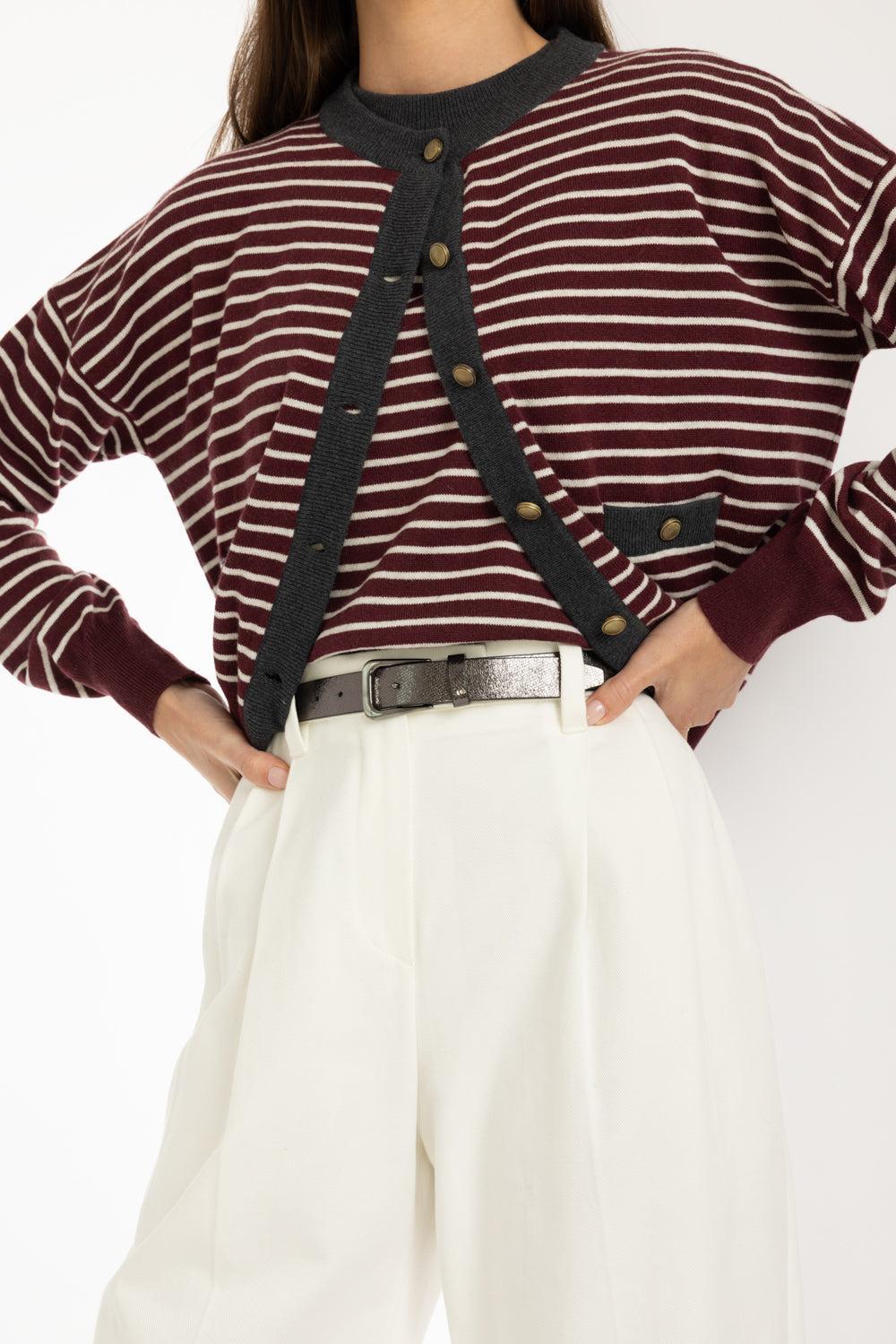 Contrast Trim Striped Cardigan-BURGUNDY/CREAM-XS-CLOTHINGTOPCARDIGAN-BRUNELLO CUCINELLI