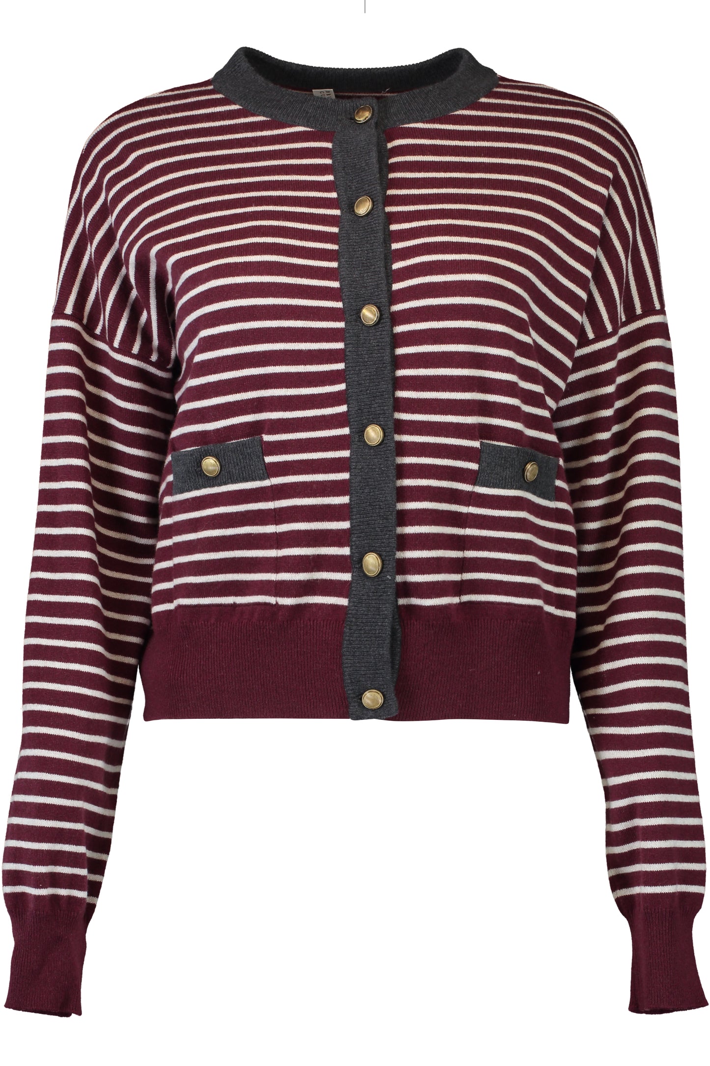 Contrast Trim Striped Cardigan-BURGUNDY/CREAM-XS-CLOTHINGTOPCARDIGAN-BRUNELLO CUCINELLI