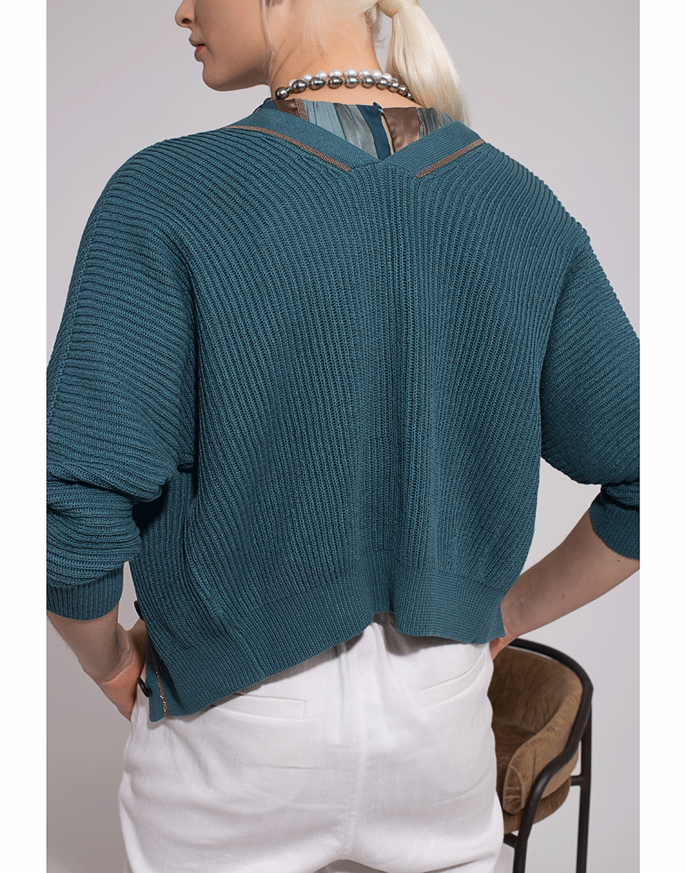 BRUNELLO CUCINELLI-Cropped Button V-Neck Cardigan-PETROL